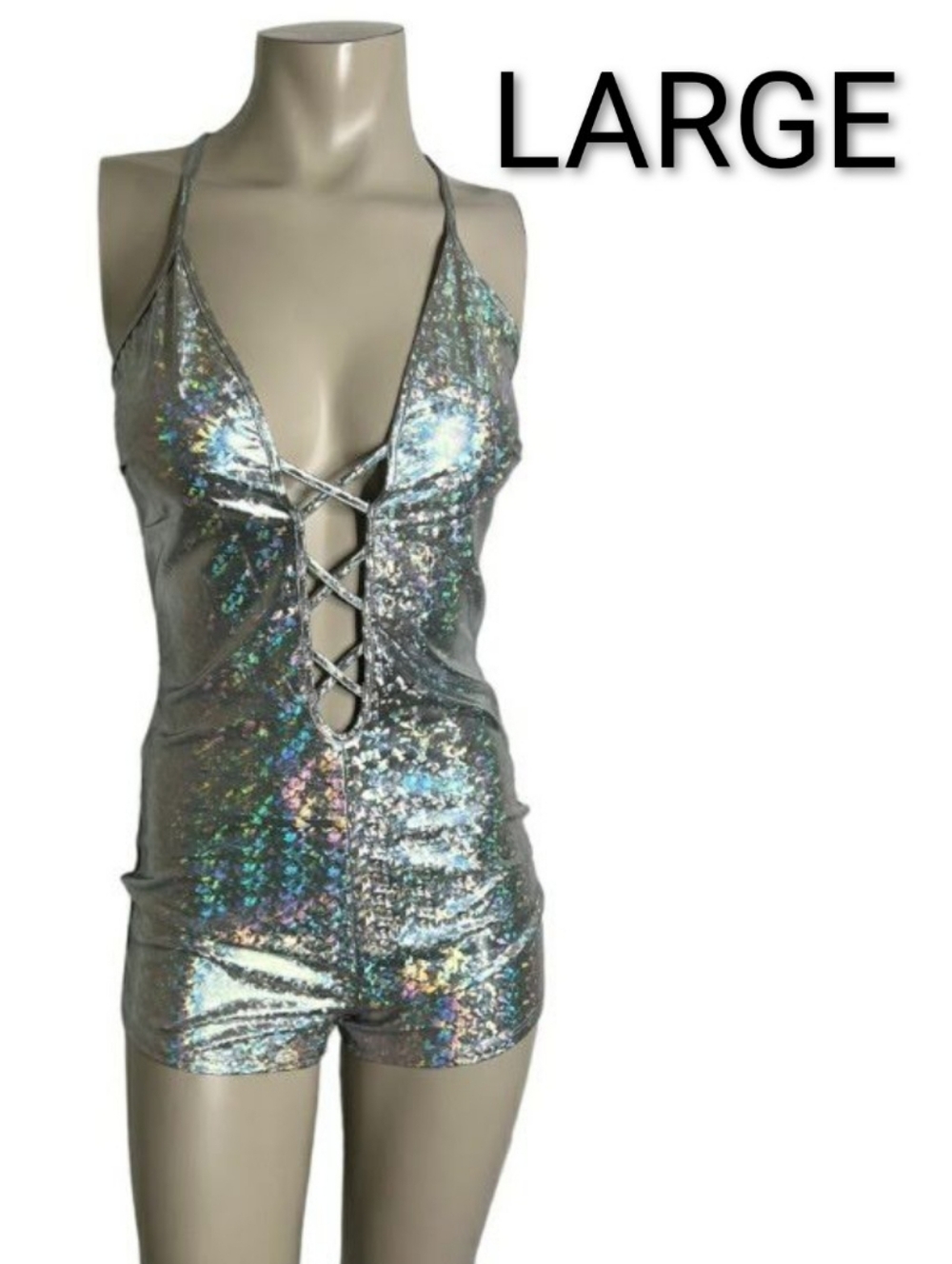 🆕Silver Holographic Metallic Cami Cut Out Stretchy Bodycon Mini Romper~Size L